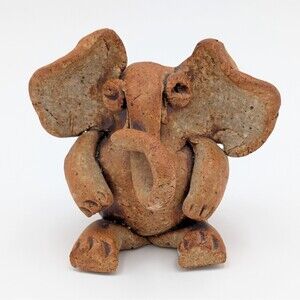 Vintage 1988 Terra Cotta Clay Elephant Figurine Handmade Afrohemian Folk Art MCo
